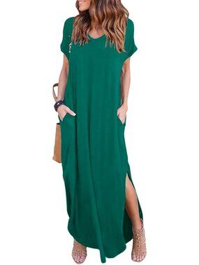 Women's Green Summer Maxi Long Dress Casual Loose Short Sleeve Split Pockets